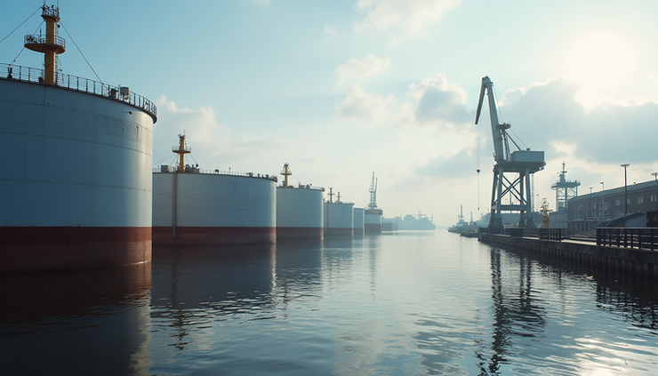 Eye-level view of Rotterdam port with fuel storage tanks and docked ships