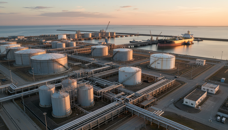 High-angle view of a petroleum terminal connected to a tanker berth.