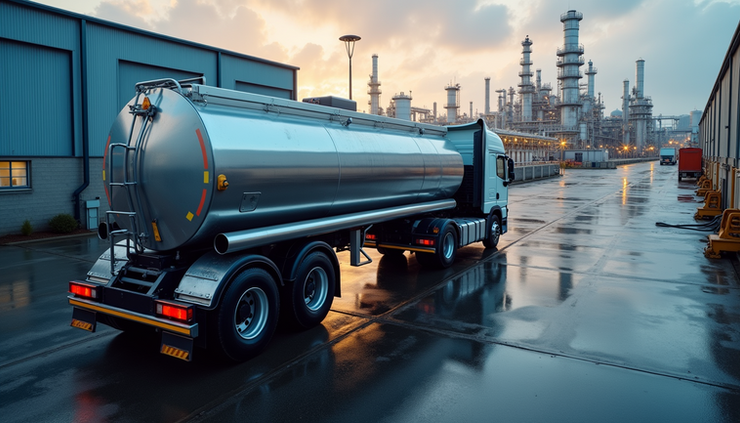High angle view of fuel tanker truck parked at refinery loading bay