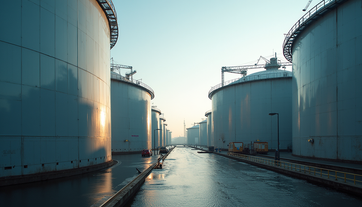 Eye-level view of large oil storage tanks at Rotterdam port