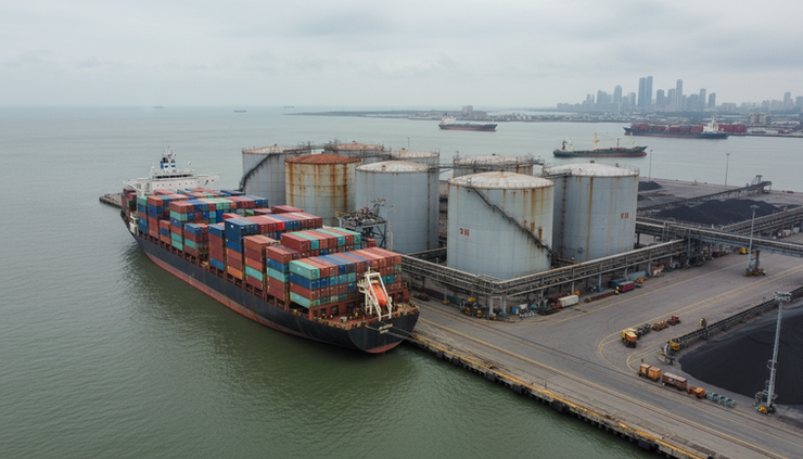 High-angle view of a cargo vessel docked beside industrial tanks at a port