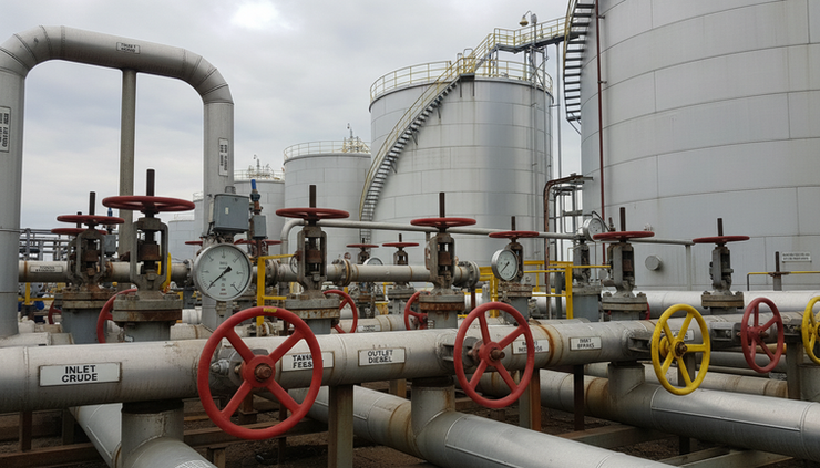 Eye-level view of a fuel terminal pipeline manifold near large storage tanks.