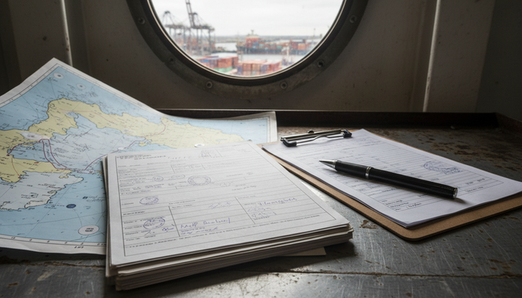 Close-up view of stamped fuel delivery documents beside a marine cargo map.