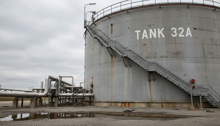 Eye-level view of a marked crude oil storage tank at an industrial port