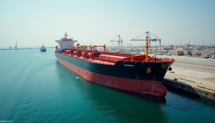 High angle view of oil tanker docked at Fujairah port ready for loading