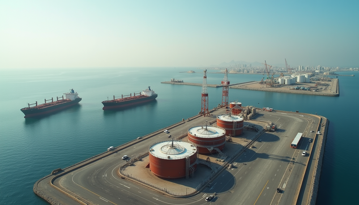 High angle view of Fujairah port with oil storage tanks and vessels