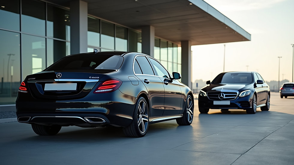 Eye-level view of a Mercedes E-Class and V-Class parked at the executive terminal