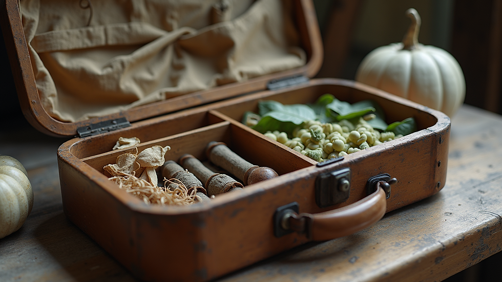 Close-up view of a vintage midwifery kit with herbs and tools