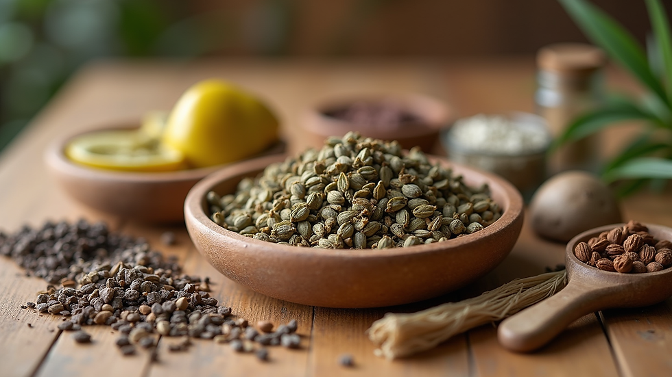 Close-up view of dried medicinal herbs and plants arranged on a wooden table