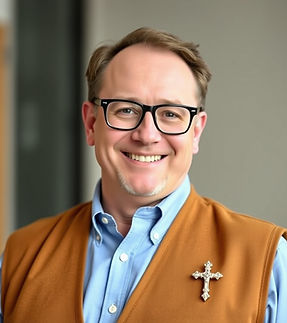 create photo image of college professor with vest and big glasses with a small Christian c