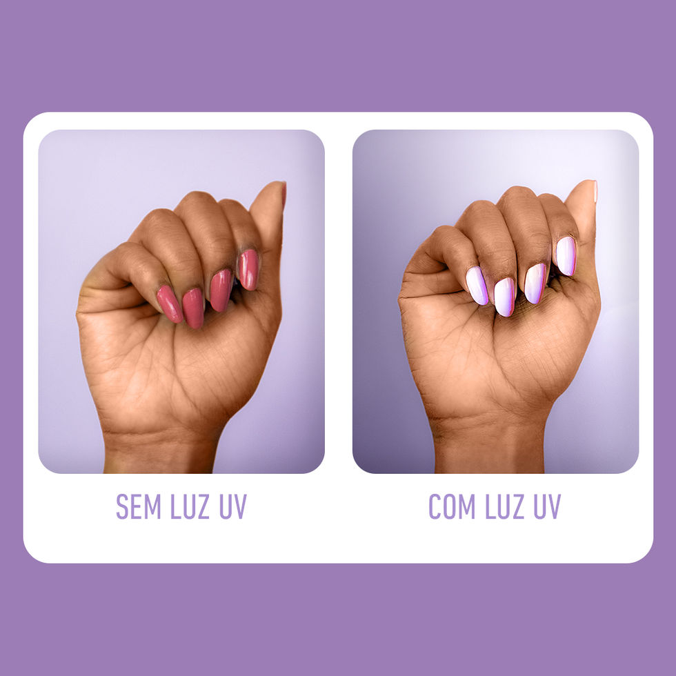 Mãos com unhas pintadas, com e sem luz UV. SEM LUZ UV e COM LUZ UV.
