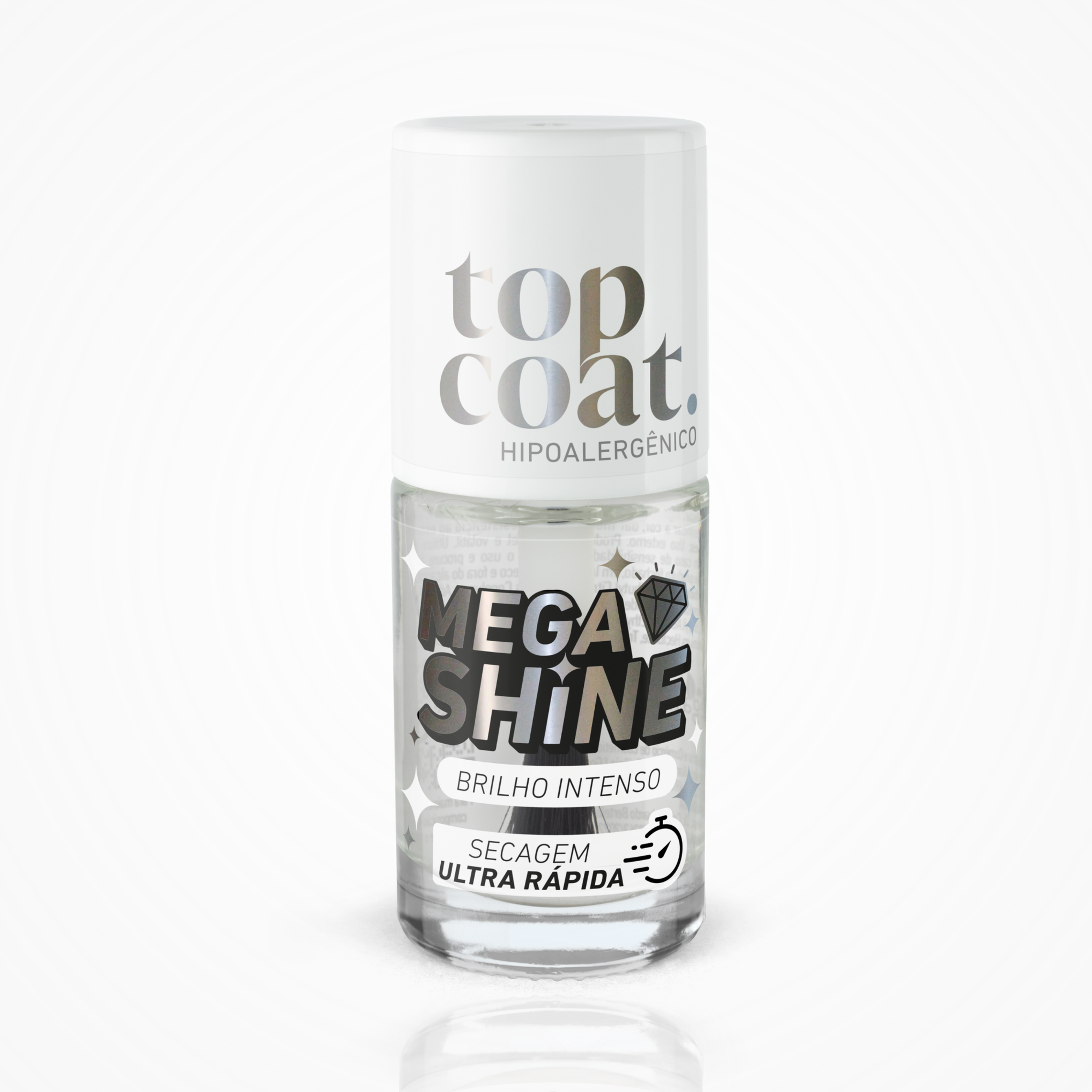 Frasco de Top Coat Mega Shine com brilho intenso e secagem ultra rápida.