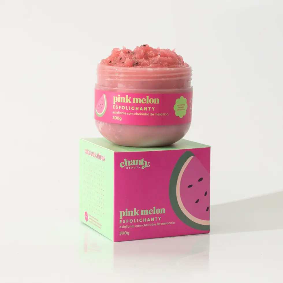 Esfoliante corporal Chanty Beauty Pink Melon em pote e caixa.