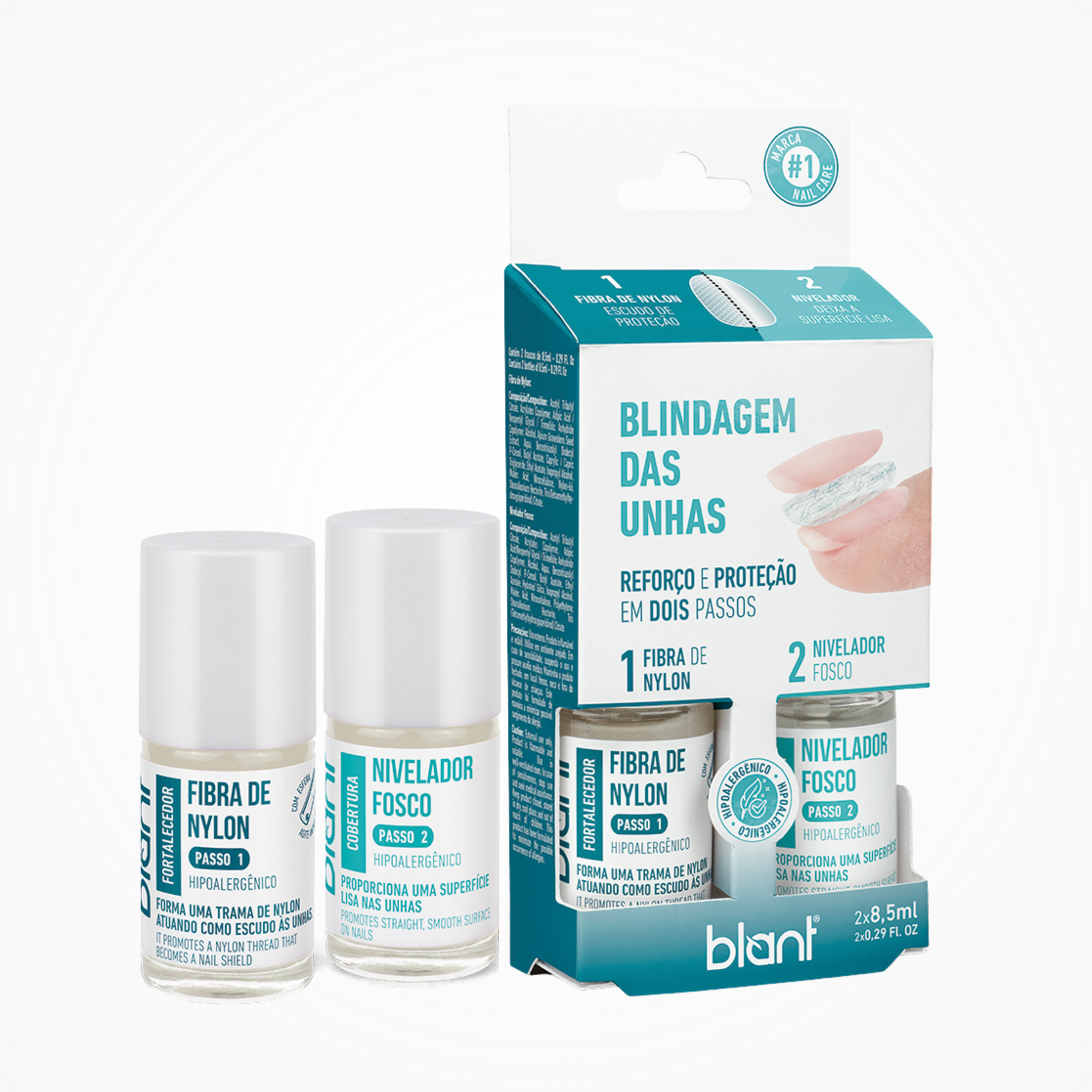 Kit blindagem Blant unhas fibra nylon + nivelador fosco 2x 8,5ml proteção unhas reforço em dois passos
