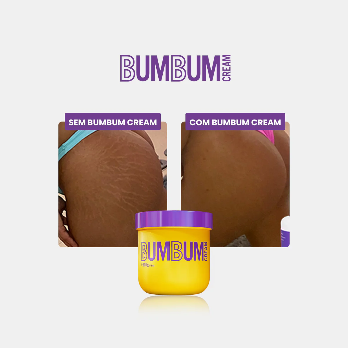 Antes e depois, SEM BUMBUM CREAM e COM BUMBUM CREAM. Máscara corporal Beleza Brasileira bumbum cream 200G.