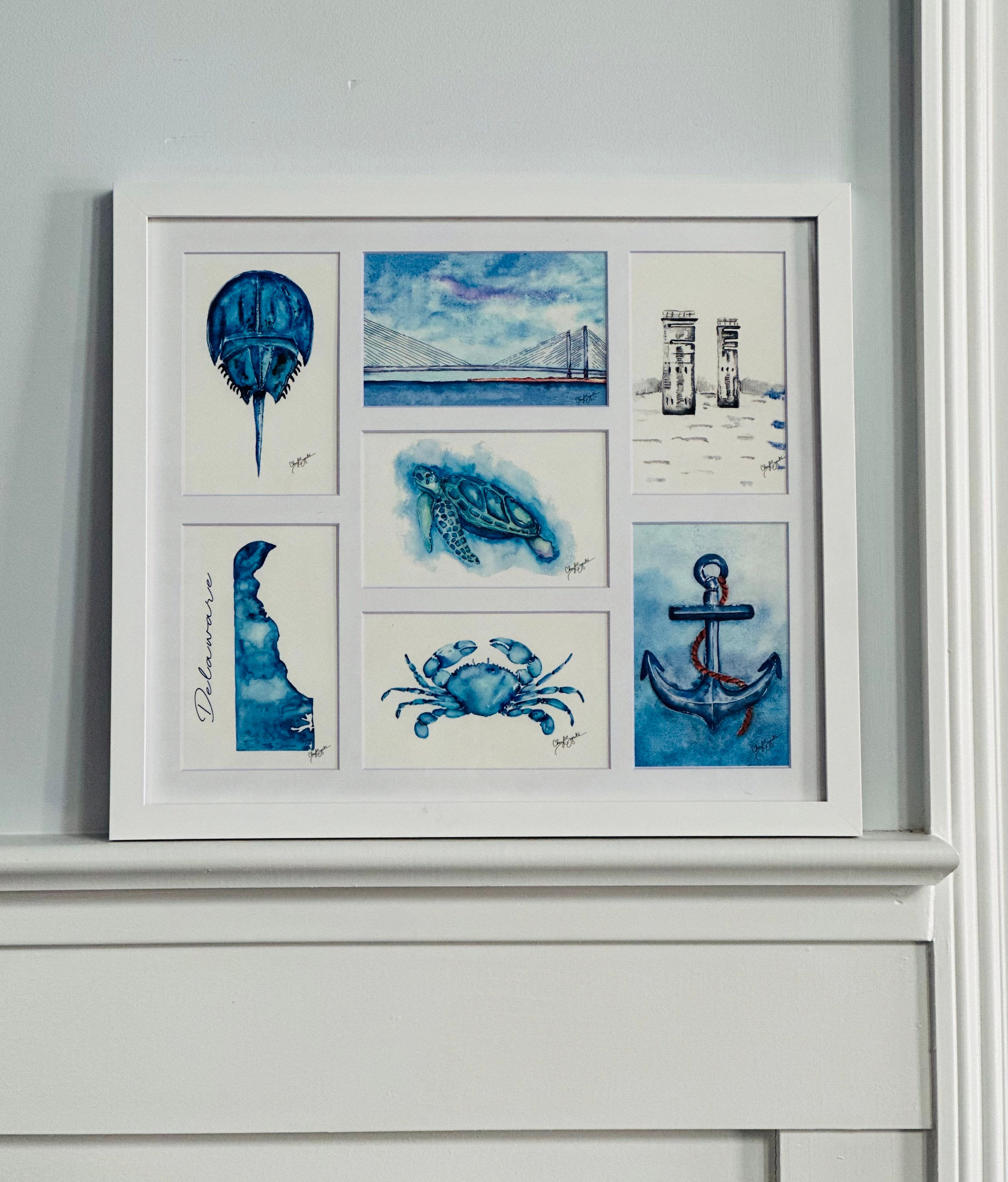 Six blue watercolor postcards: horseshoe crab, ocean, boots, turtle, map, crab, anchor