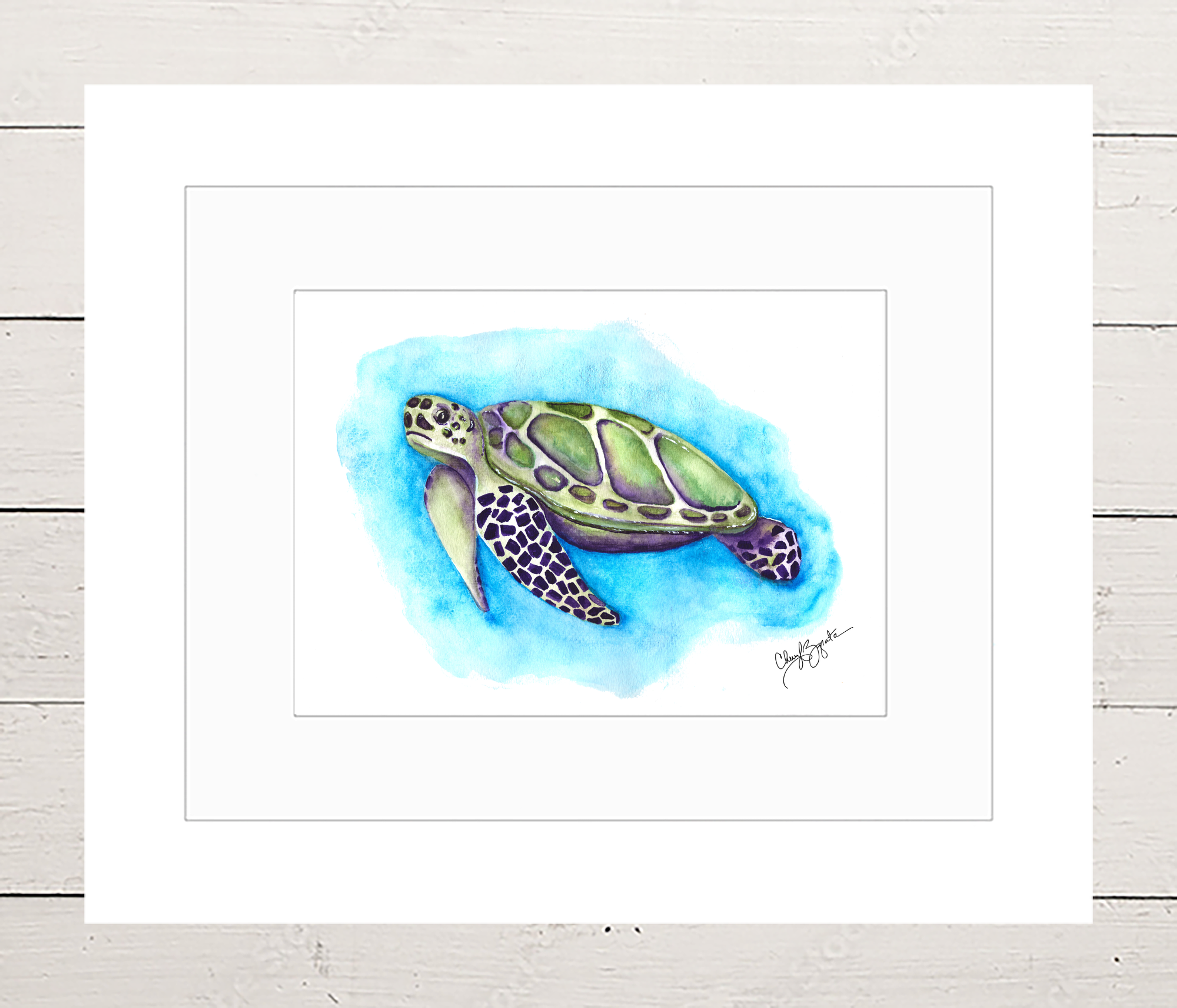 Watercolor painting of a sea turtle swimming