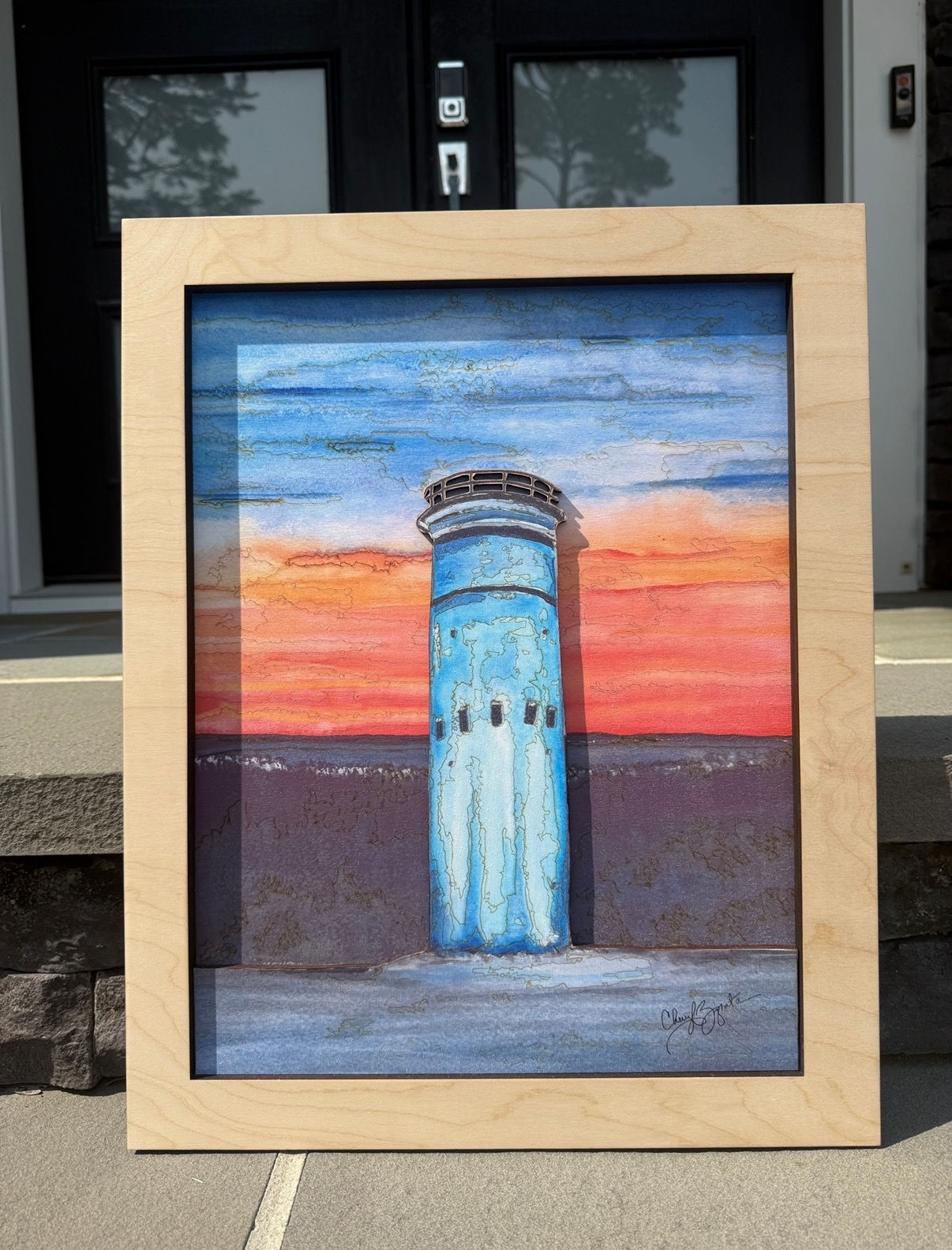 Delaware World War II Observation Tower Sunset – 3D Watercolor on Wood