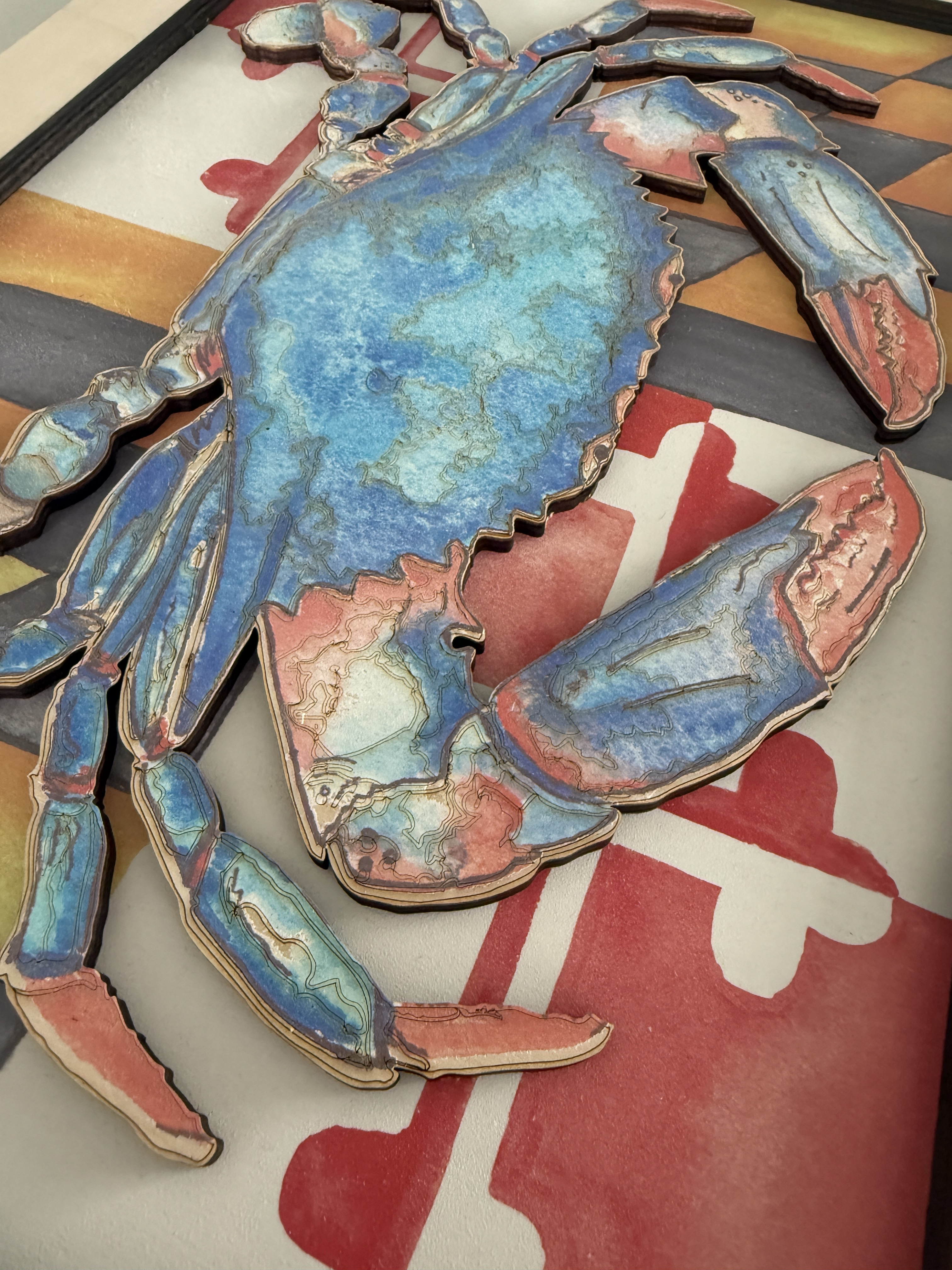Maryland Flag Crab 3D Watercolor to Wood coastal wall art by Cheryl Zapata