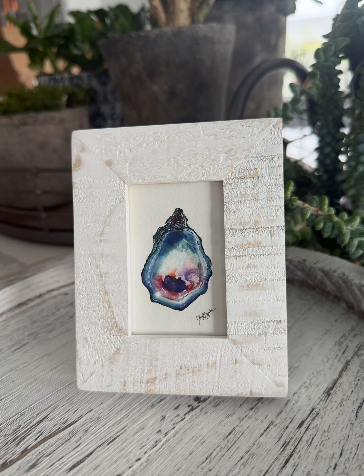 Framed watercolor painting: Colorful oyster shell
