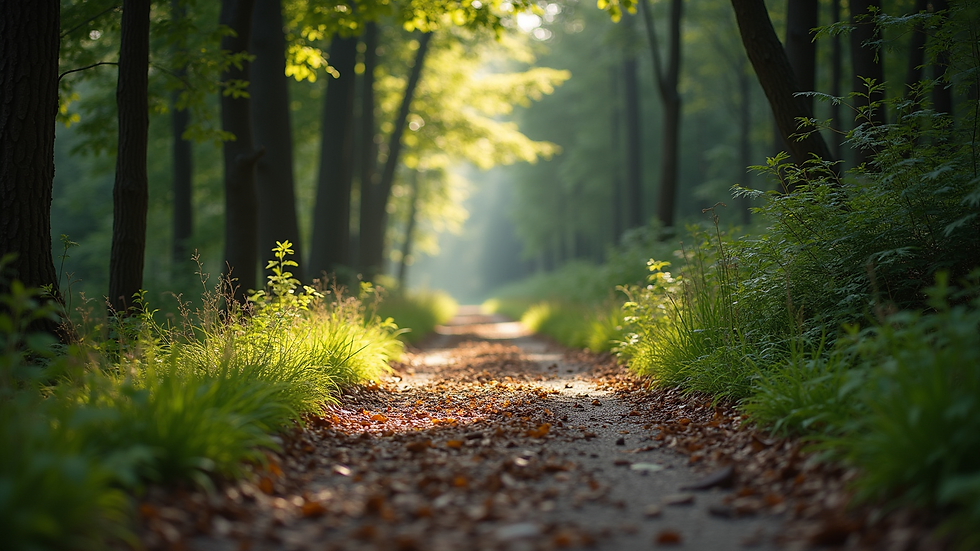 Close-up view of a serene forest path surrounded by trees