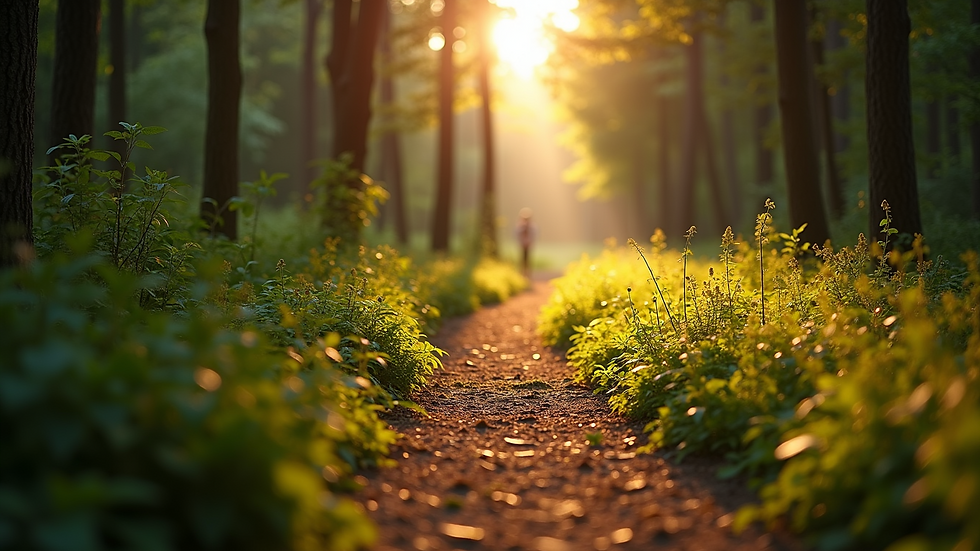 Close-up view of a tranquil forest path leading towards sunlight.