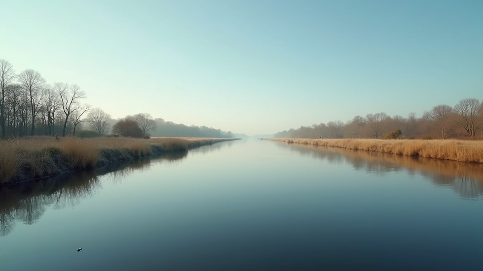 Wide angle view of a serene riverside landscape with calm waters reflecting the sky