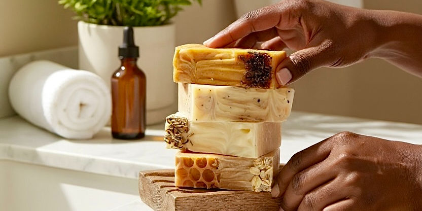Close-up view of a citrus fruit and skincare bottle on a wooden surface
