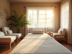 Vista frontal de uma sala de massagem corporativa com ambiente tranquilo e cadeira ergonômica