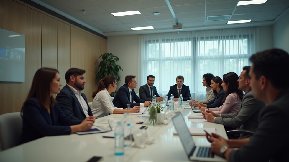 Vista lateral de uma sala de reunião com colaboradores em momento de descontração