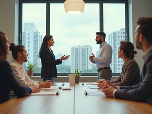 Vista frontal de uma sala de reunião com colaboradores discutindo estratégias de saúde mental no trabalho
