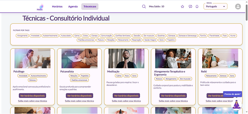 Página da plataforma Holos de Técnicas do Consultório Individual, com filtros por tags e cards de Psicólogo, Psicanalista, Meditação e Reiki.