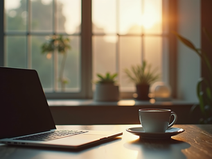 Notebook aberto e xícara de café sobre mesa, diante de janela ensolarada com plantas; clima acolhedor.