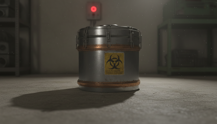 Close-up of a locked metal biohazard container in a dim emergency storage room.