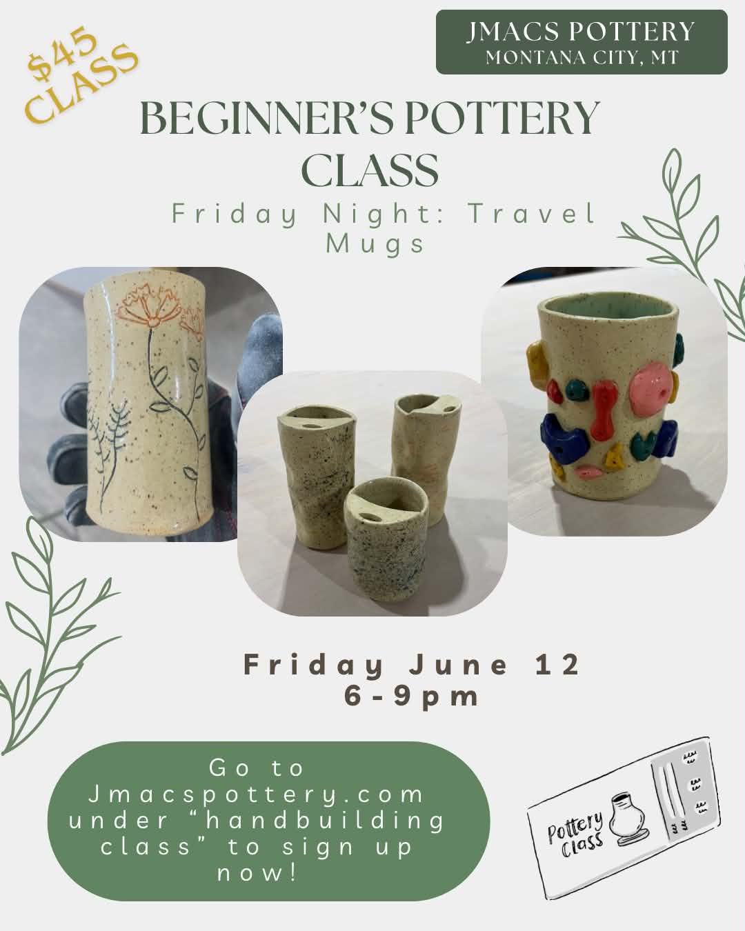 Friday Night Travel Mug Pottery Class June 12 6-9pm