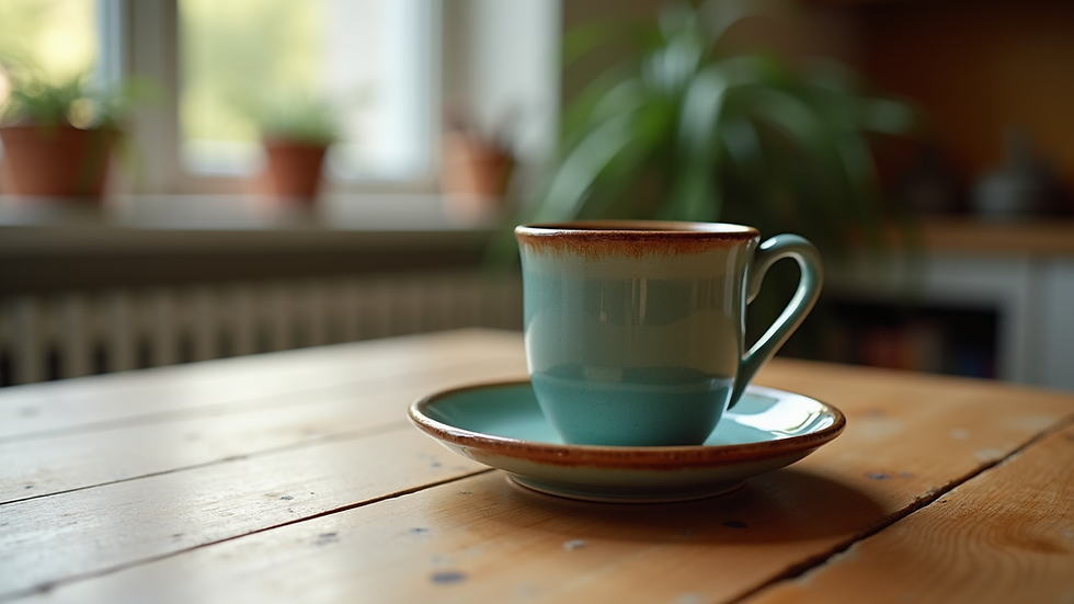 Close-up view of a beautifully glazed pottery mug