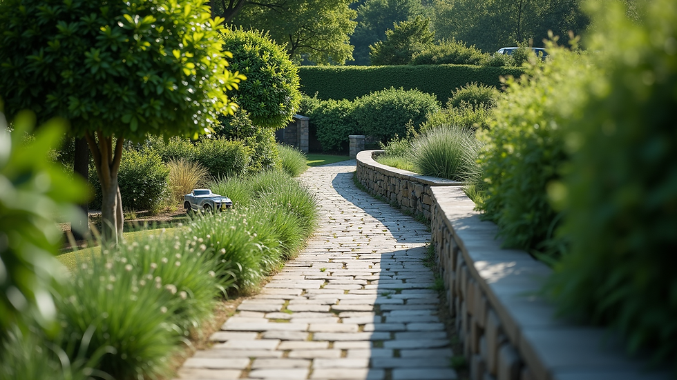 High angle view of a beautiful retaining wall surrounded by lush greenery