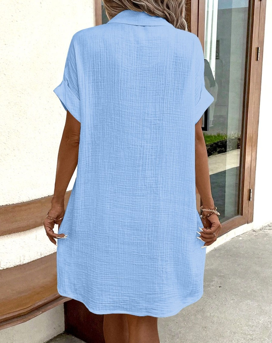 Thumbnail: Vintage Women Solid Mini Dress Summer Fashion V-neck Three Quater Sleeve Cotton 