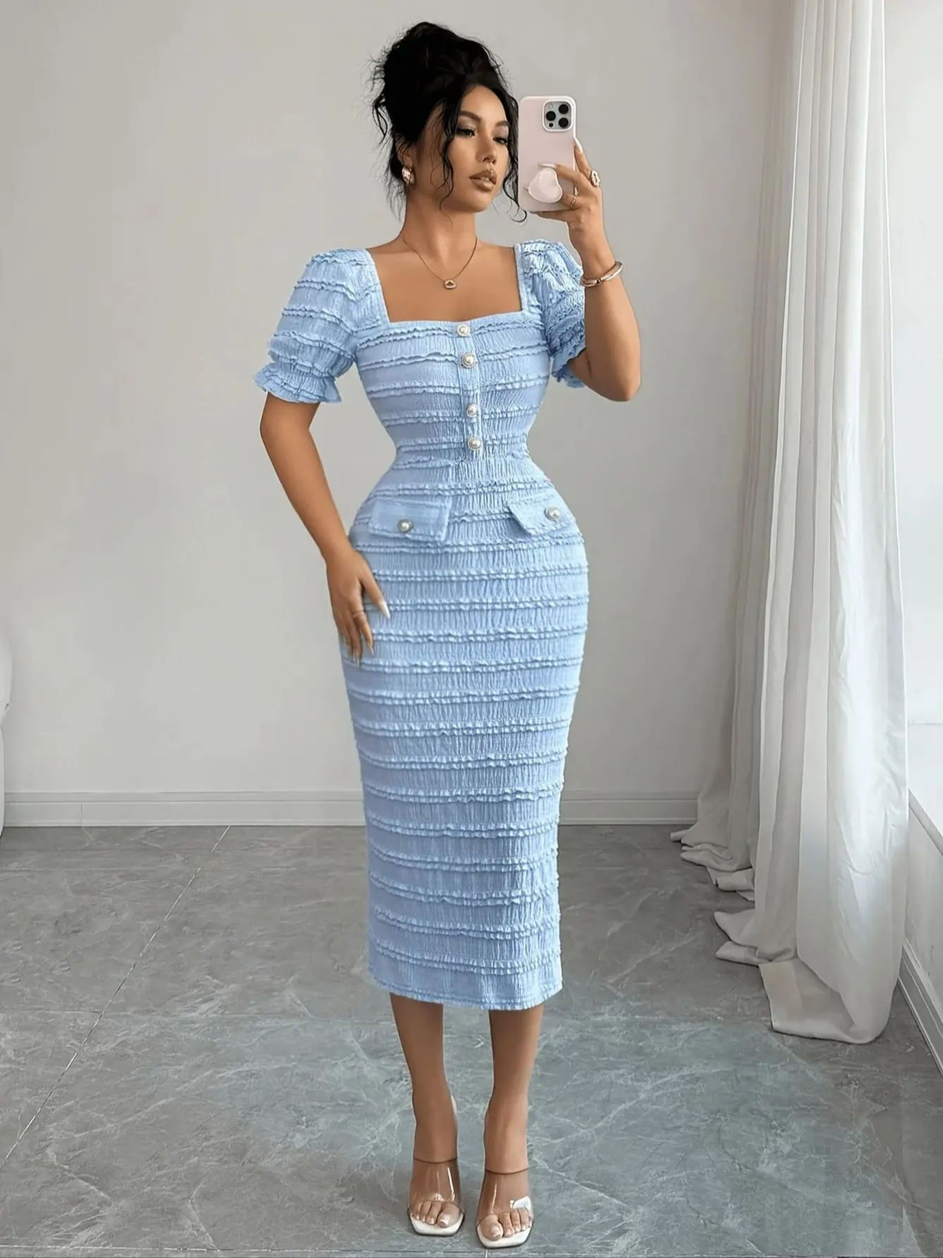 New Arrival Square Neck Short Sleeve Texture Knit Dress Elegant Versatile Slim F