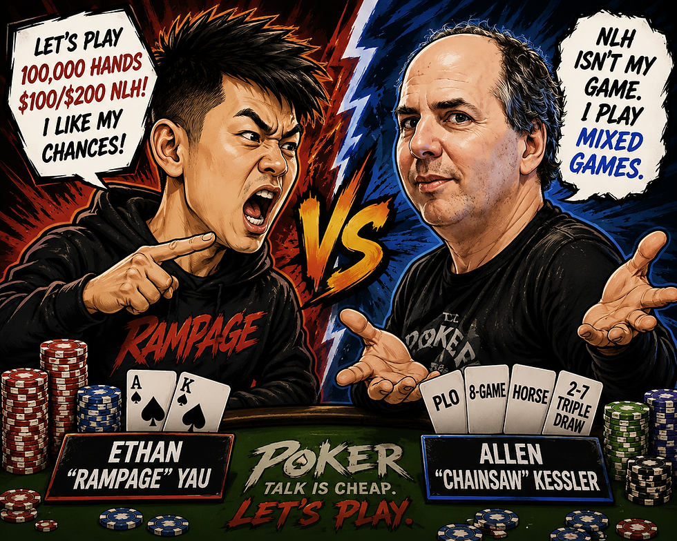 Comic-style caricature of poker players Ethan "Rampage" Yau and Allen "Chainsaw" Kessler facing off across a poker table, with Yau pointing angrily while challenging Kessler to a 100,000-hand No-Limit Hold'em match. Kessler responds that mixed games are his specialty, as poker chips, playing cards, and a bold "VS" graphic emphasize the public feud.