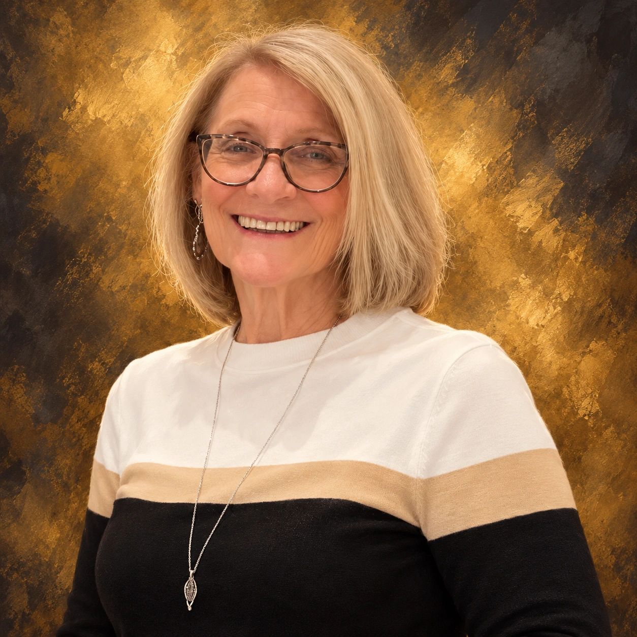 Editorial illustrated portrait of Nancy Thomas smiling, with blonde hair, glasses and a white, beige and black shirt against a charcoal and gold background.