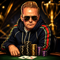Stylized illustration of a poker player in sunglasses seated behind stacks of chips with two aces on the table and a trophy in the background.