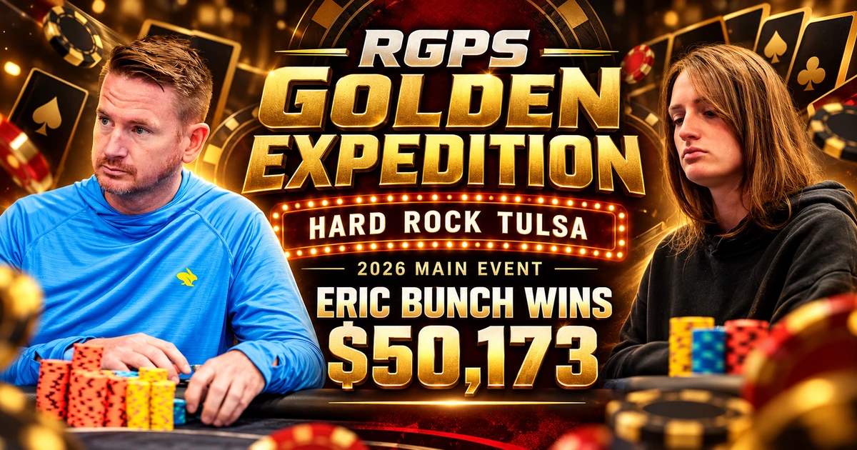 Eric Bunch and Rachel Rodgers beside RGPS Golden Expedition, Hard Rock Tulsa and $50,173 winner lettering.