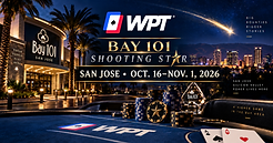 WPT Bay 101 Shooting Star hero image with Bay 101 Casino, poker chips, cards and San Jose skyline