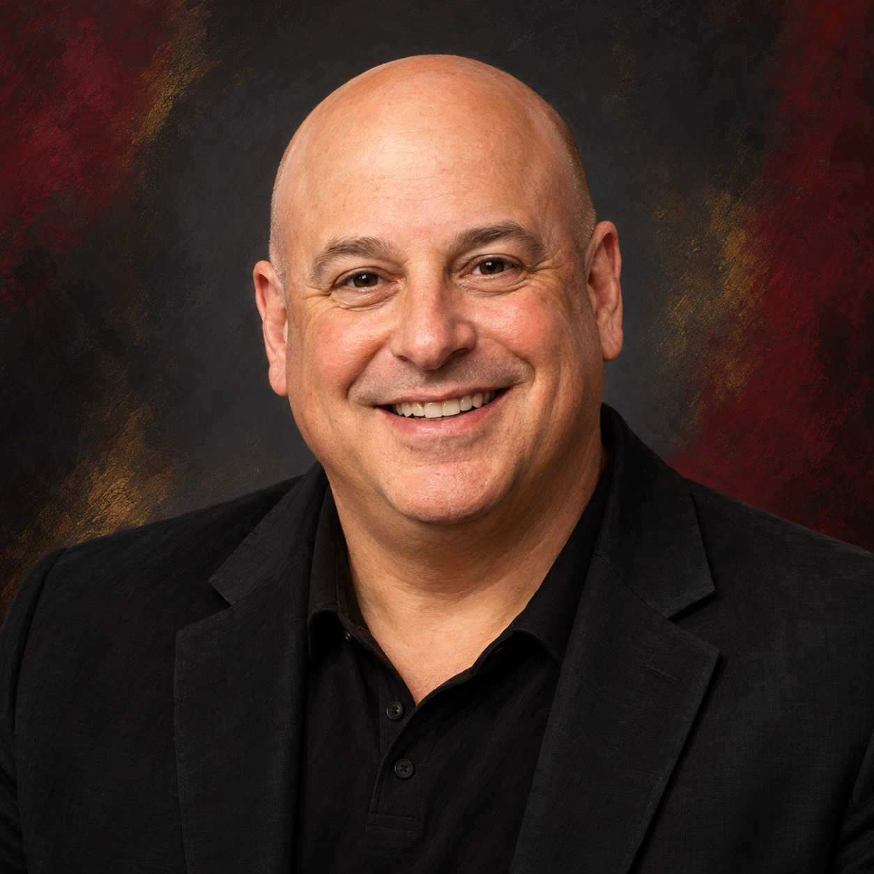 Editorial illustrated portrait of Jeremy Kaufman smiling in a black jacket against a charcoal, burgundy and gold background.