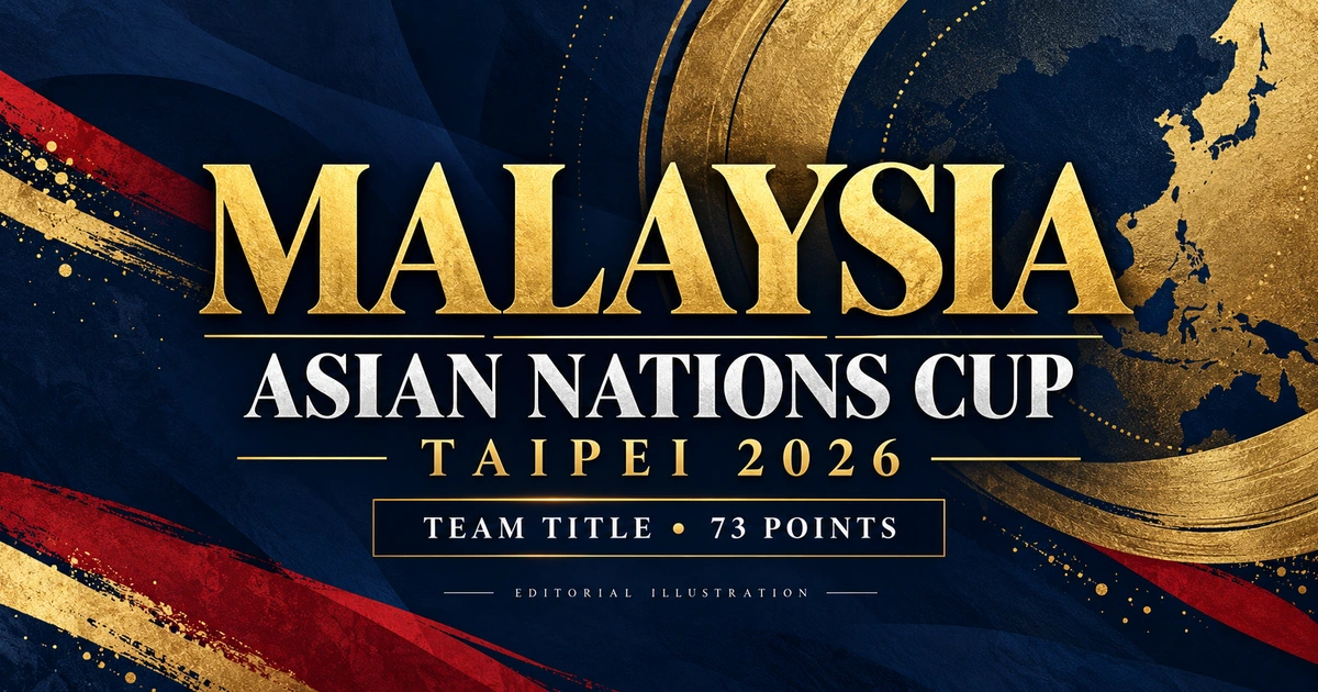 Editorial graphic reading Malaysia, Asian Nations Cup, Taipei 2026 and Team Title, 73 Points, in gold, navy, red and white.
