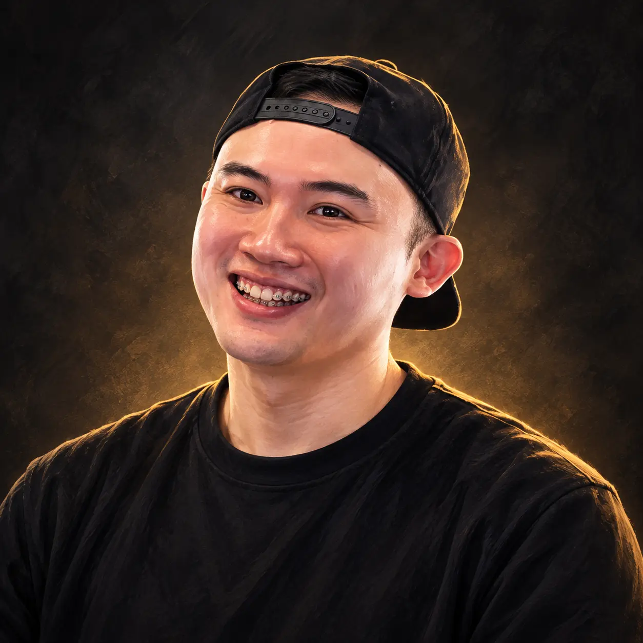Editorial illustrated portrait of Dick Son Looi smiling in a backwards black cap and plain black shirt against a charcoal and gold background.