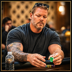 Dustin Bowling plays poker at a casino table, wearing sunglasses on his head and a dark shirt while handling tournament chips.