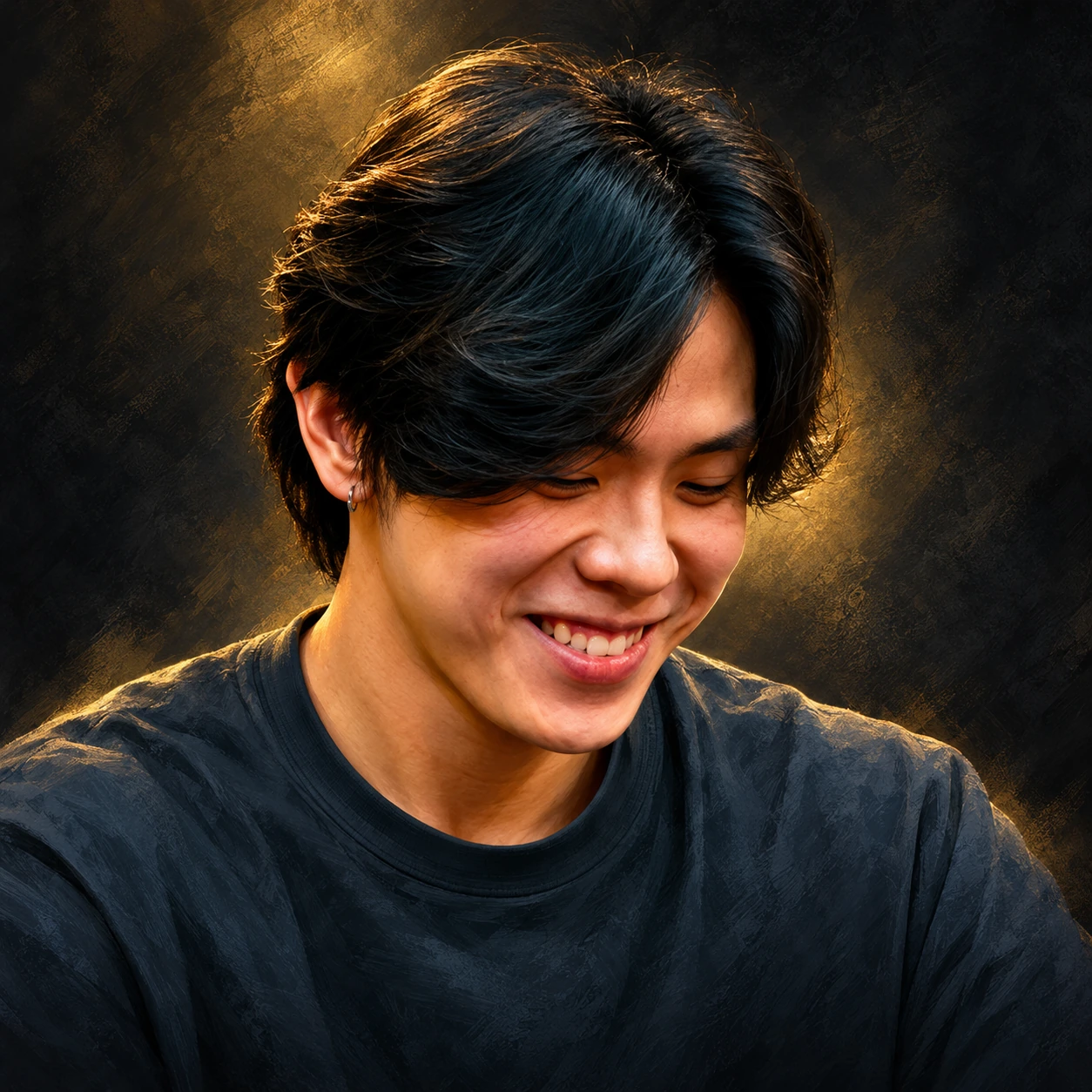 Editorial illustrated portrait of Dingxiang Ong with wavy black hair and a dark crew-neck top against charcoal and gold.
