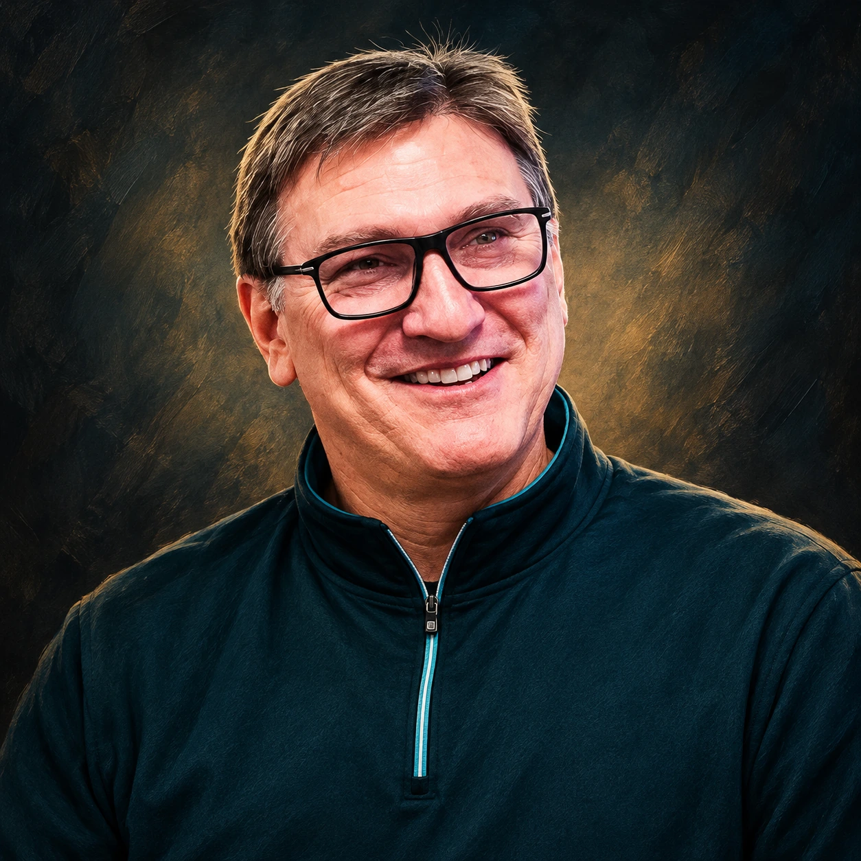 Editorial illustrated portrait of Keith Lehr wearing black rectangular glasses and a dark teal quarter-zip top against a charcoal and gold background.
